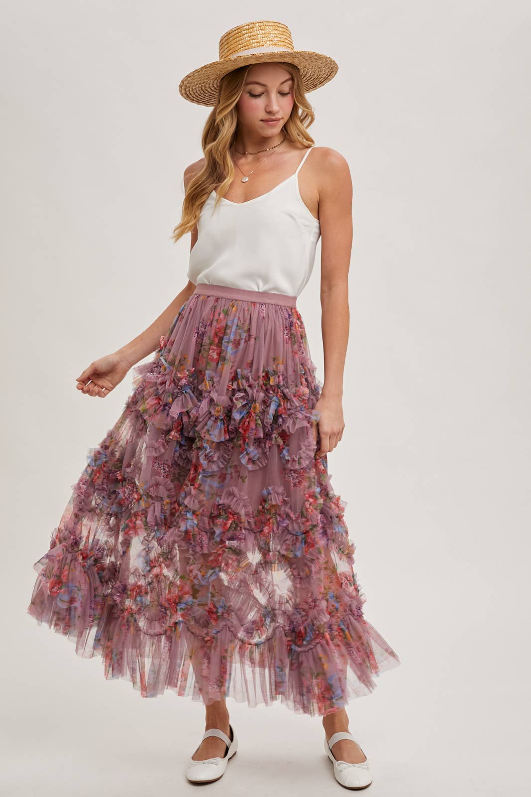 Bluivy - Wholesale Skirt - Women's - FLORAL RUFFLED MESH MIDI SKIRT19