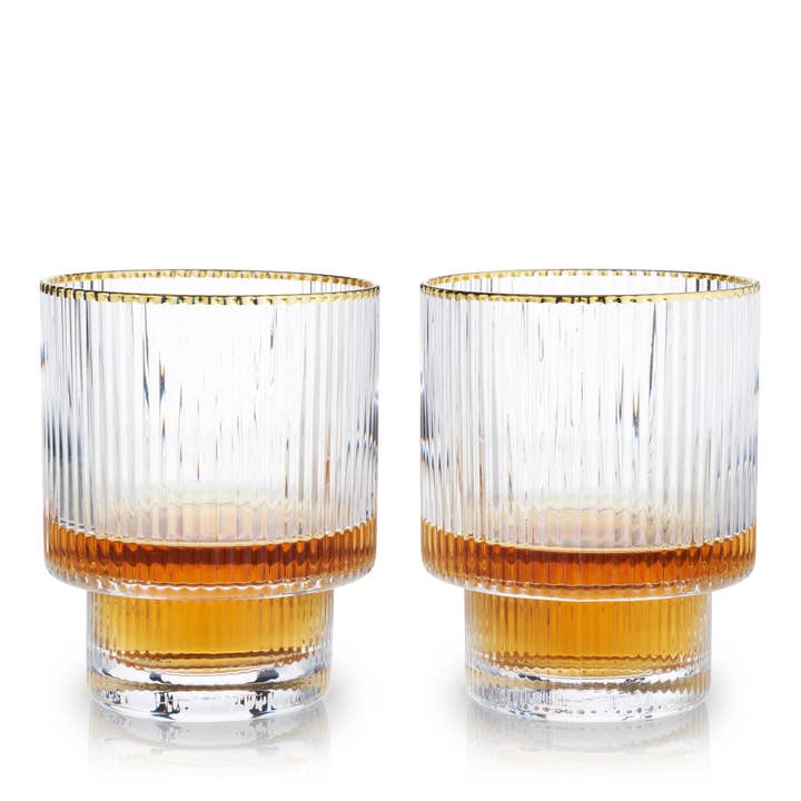 Viski - Wholesale Cocktail/Liquor Glass - Deco Meridian Gold-Rimmed Whiskey Crystal Tumblers