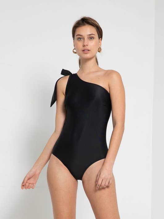 One-Off Shoulder with Tie Ribbon-F1803_Solid Black for wholesale by MARINA WEST SWIM