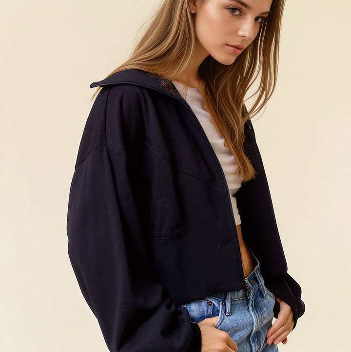 Doe and Rae - Wholesale Jacket - Women's - Fleece Front Contrast Zip-Up Crop Jacket - 10614J7