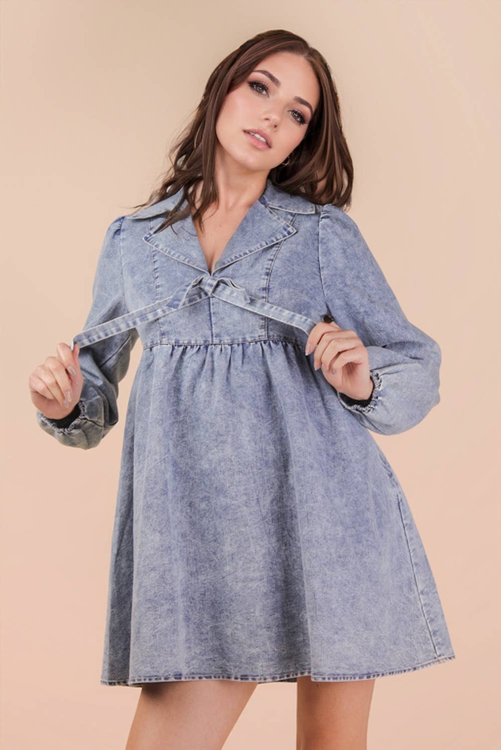 VERY J - Wholesale Dress - Women's - ND31904-Washed Chambray Collared Mini Dress7