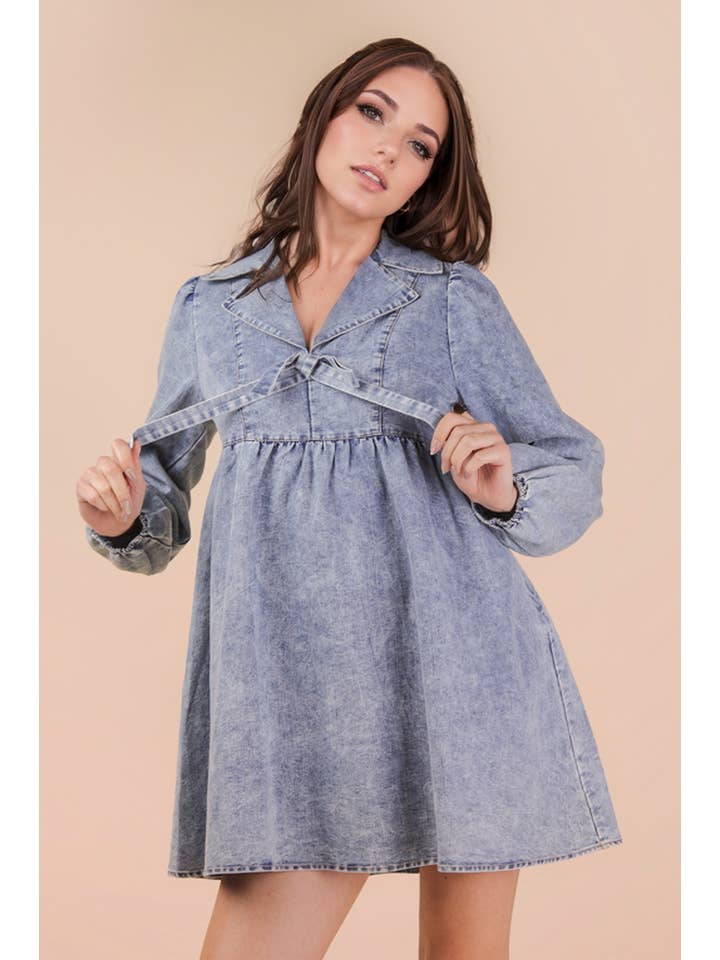 VERY J - Wholesale Dress - Women's - ND31904-Washed Chambray Collared Mini Dress7