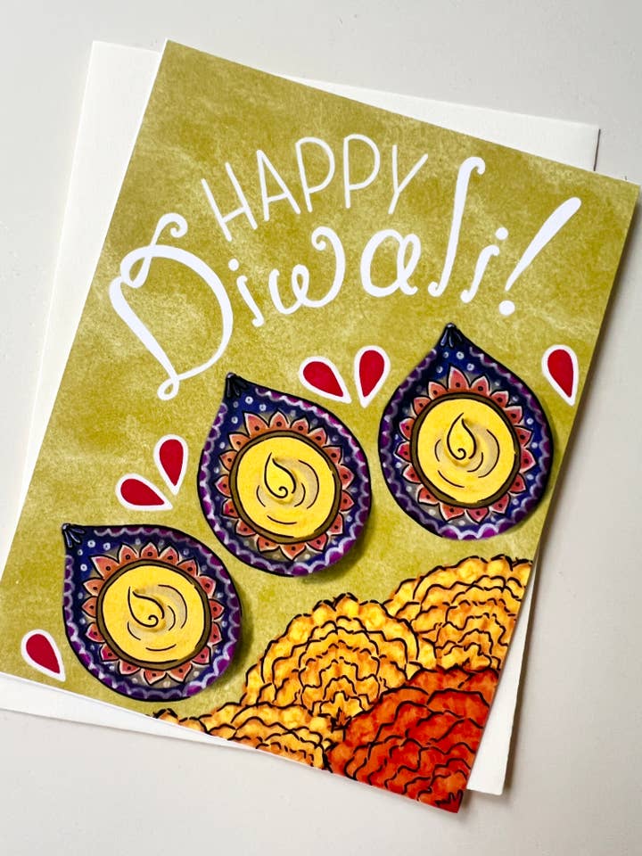 Diyas et Œillets d'Inde - Joyeux Diwali pour la vente par Bright & Blue Studio