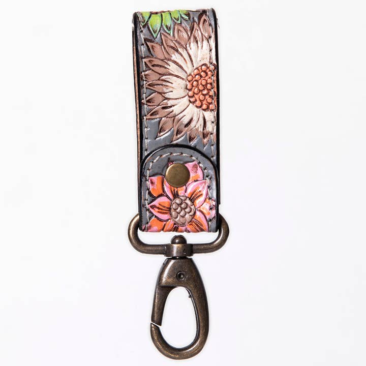 LS Western - Wholesale Keychain - Women's - LC-ADKR210S Hand-Tooled Leather keyring Red Heart & Sunflower Floral on Charcoal2