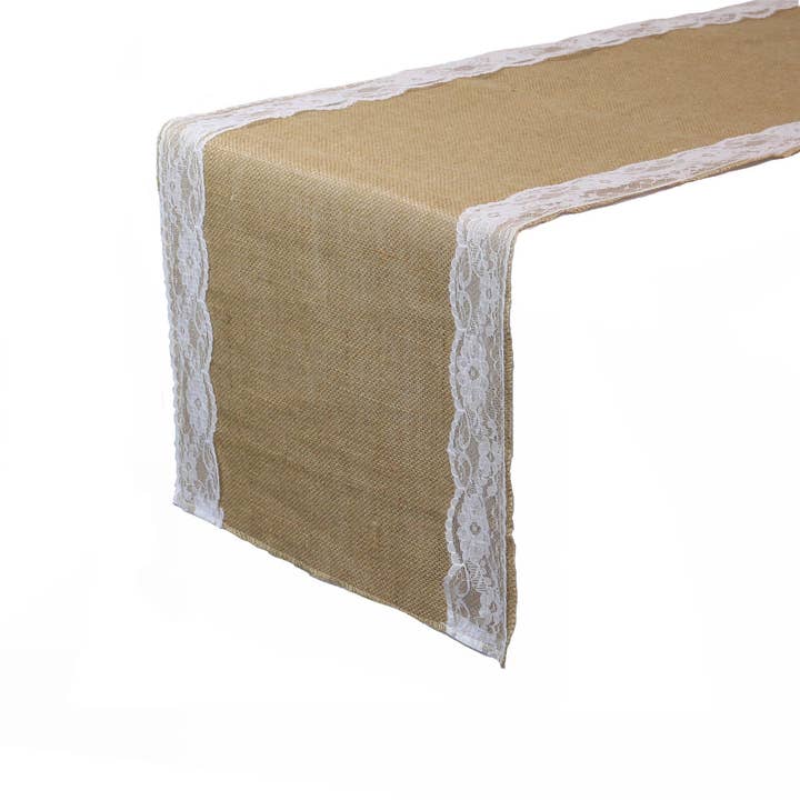 YOUR CHAIR COVERS - Wholesale Table Runner - 14 X 108 Inch Jute Burlap Table Runner with White Lace Edges