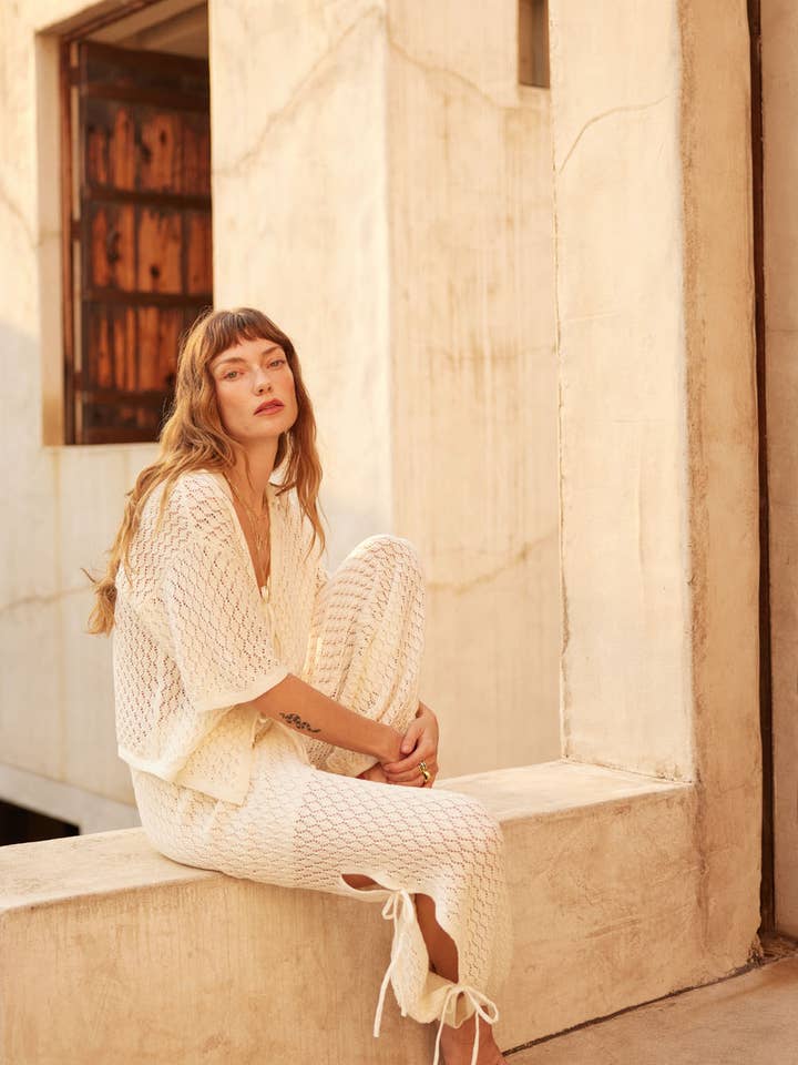 Pointelle Crochet-Knit Tie-Front Short-Sleeve Top for wholesale by Promesa USA