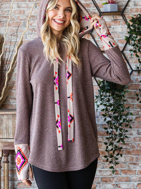 Felpa con cappuccio casual in maglia azteca con polsini a foro per il pollice e coulisse T5317 per la vendita all'ingrosso da parte di 7th Ray