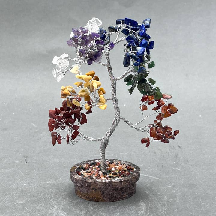 7 Stone Gemstone Chip Tree with Soapstone Base and Silver Wire for wholesale by Crystal River Gems LLC