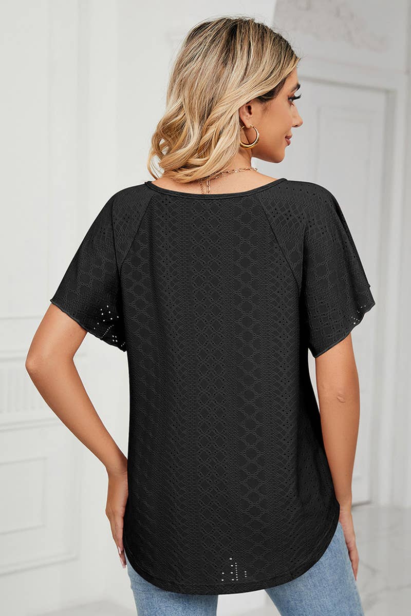 Lily Clothing - Wholesale Blouse - Women's - CWTTS0472_V NECK PUNCHING LACE UP RUFFLE LOOSE TOP7