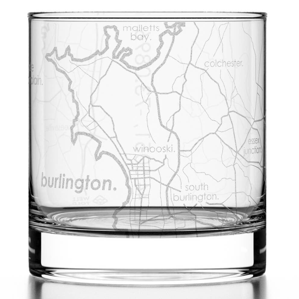 Well Told - Wholesale Drinking Glass/Cup - Burlington, VT City Map - Etched Whiskey Rocks Glass0