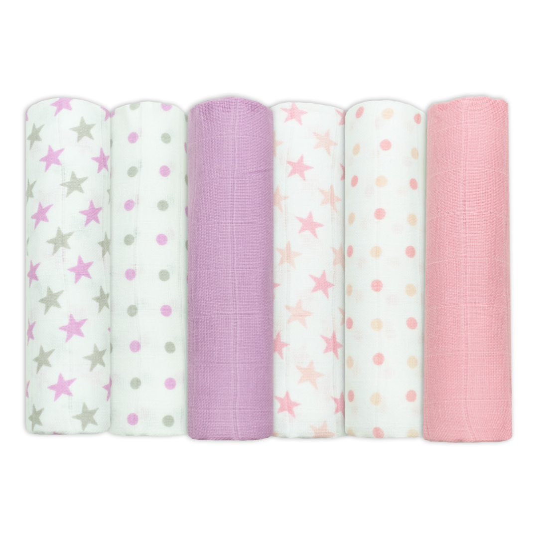 Muslinz - MerryGoRoundUK Ltd - Wholesale Spuuglapje - Baby - MuslinZ 6 stuks katoenen mousseline doeken - Sterrencombinatie12