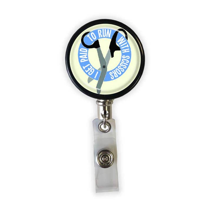 Bobina per badge I Run With Scissors per la vendita all'ingrosso da parte di Rad Girl Creations