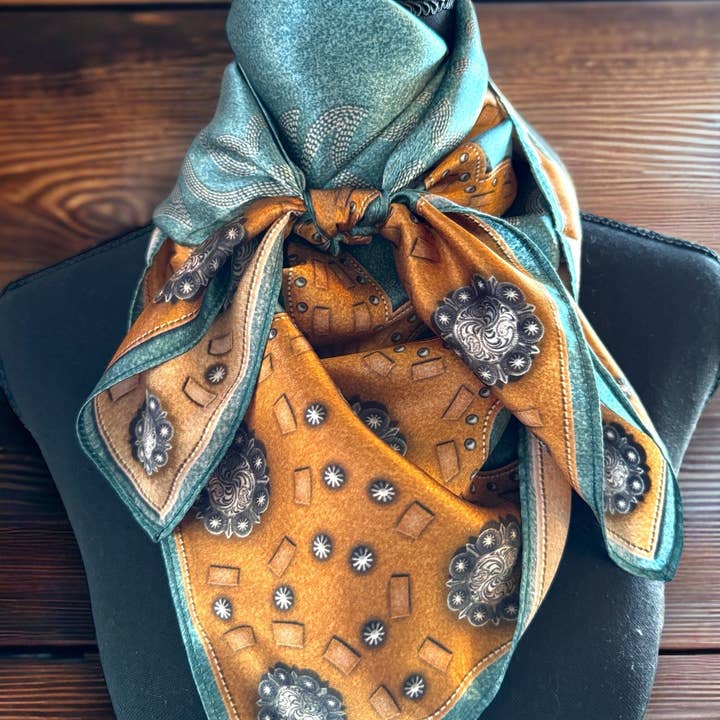 100% Silk Wild Rag Dusty Blue suede leather and conchos with boot stitch accents by Double B Wild Rags for wholesale by Double B Wild Rags