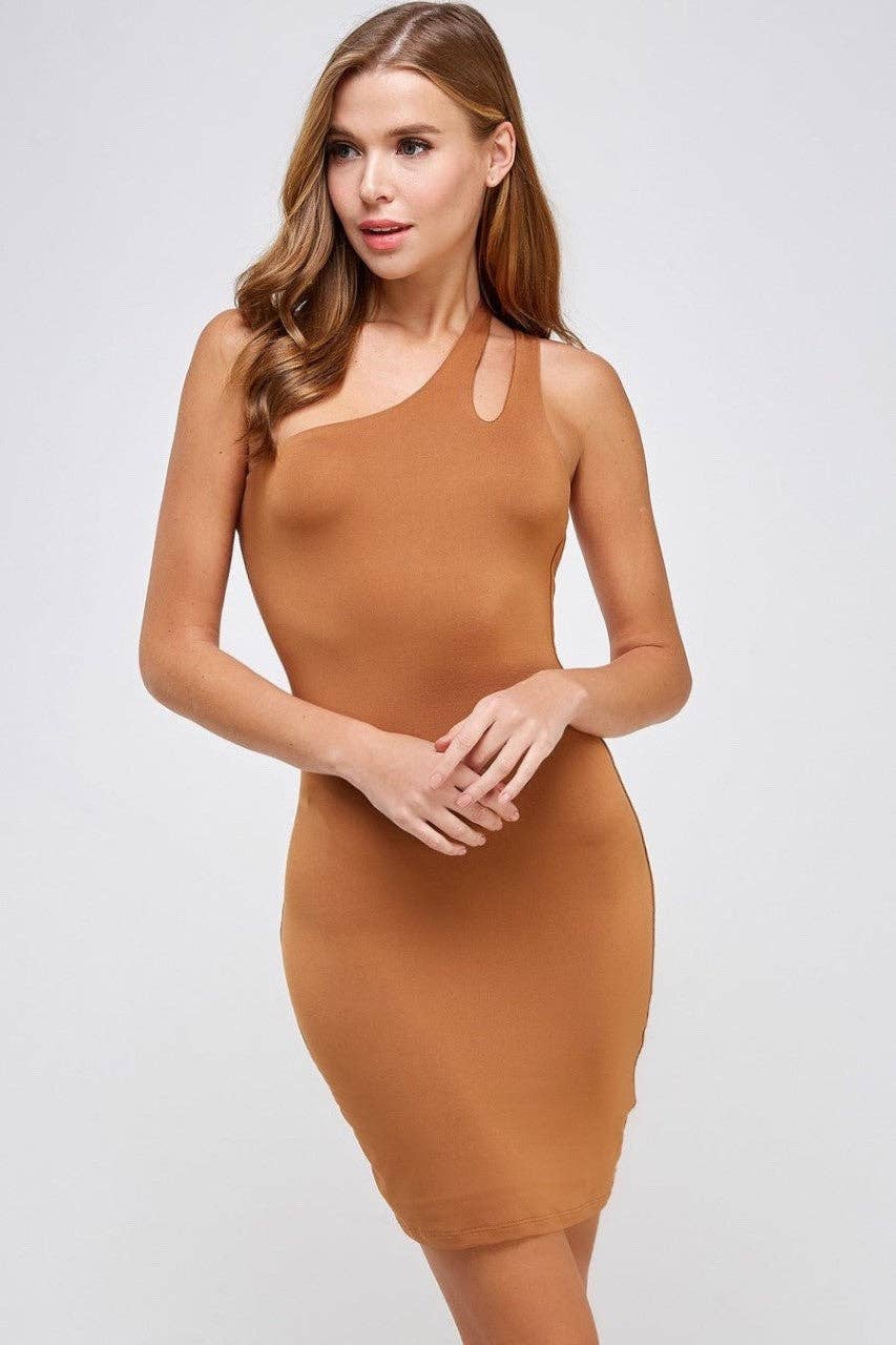 Makers of Dreams - Wholesale Dress - Women's - One Shoulder Open Back Cocktail Dress (Caramel)1