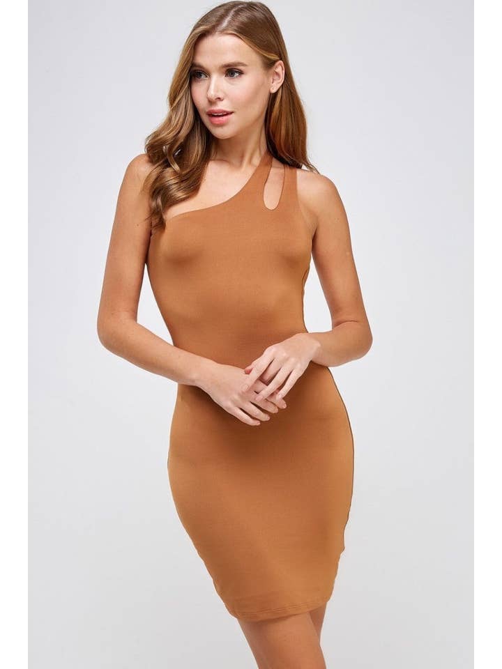 Makers of Dreams - Wholesale Dress - Women's - One Shoulder Open Back Cocktail Dress (Caramel)1