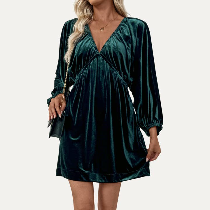 Flirty Dark Green Velvet Deep V-Neck Long Sleeve Mini Dress for wholesale by The Moment Collection