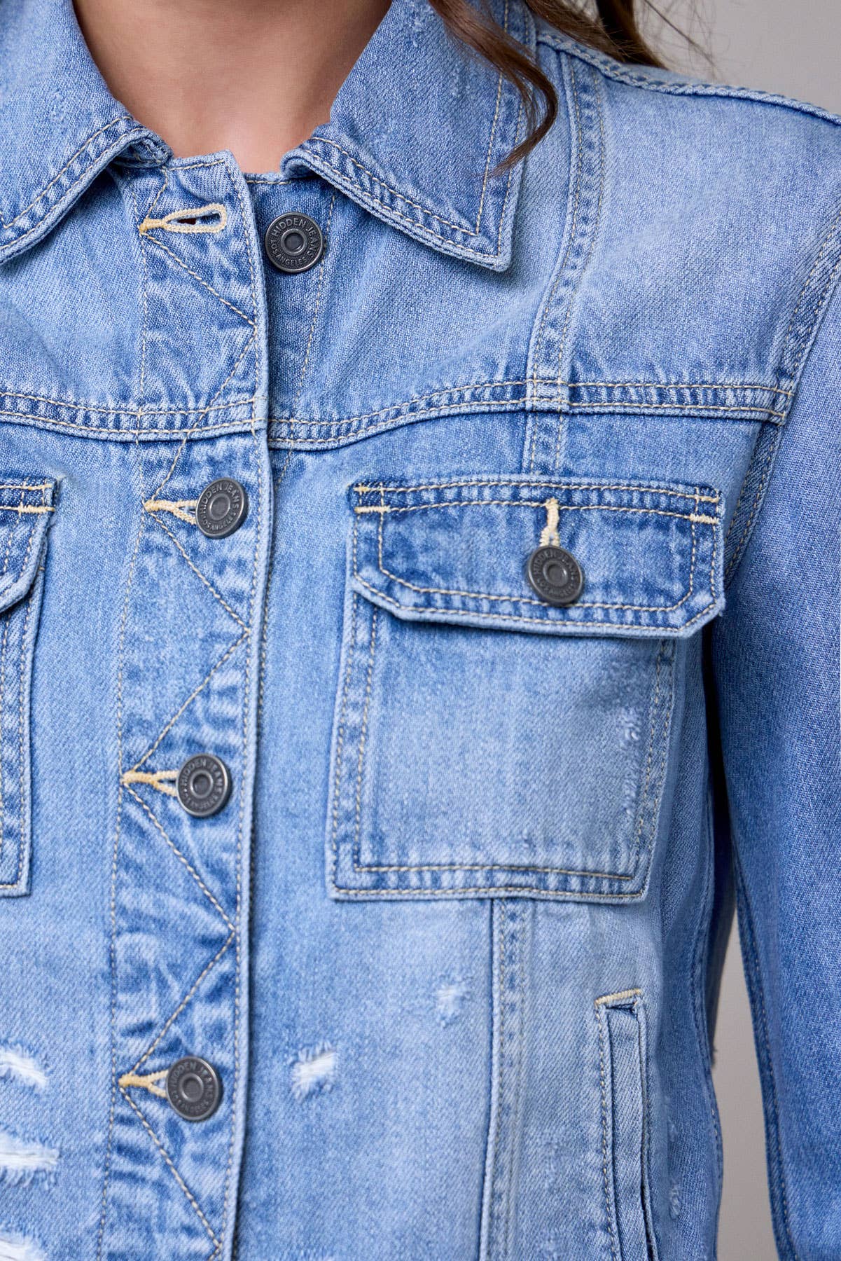 Light Wash Frayed Bottom Fitted Jacket for wholesale on Faire7