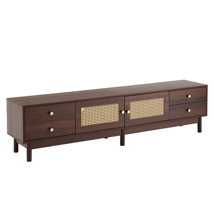 Urban Meuble - Wholesale Console Table - Vintage-style walnut wood effect TV stand with 2 rattan doors, 4 drawers 180*35*44cm KUQON
