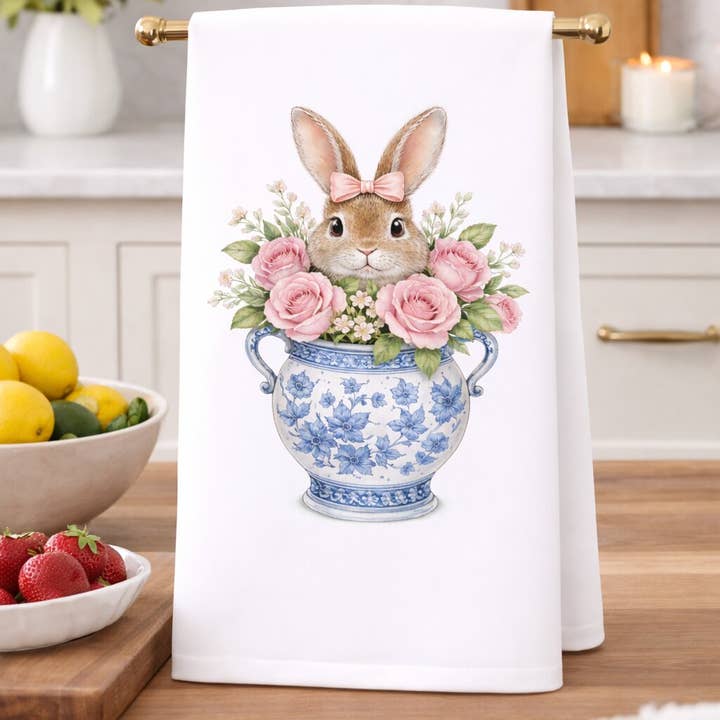Easter Bunny in Blue Chinoiserie Vase Kitchen Towel for wholesale by Things UnCommon