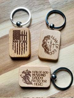 12 Wood Keychains w/ laser engraved Men's Christian designs for wholesale by Thirteen 27 Designs