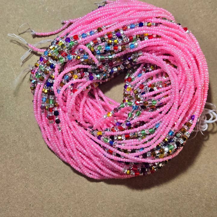 Pink Waist Beads with Multicolor Crystals – Handmade African Tie-On, 45 Inches for wholesale by MadeinGhanaShop