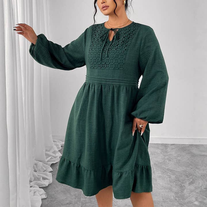 Green Patchwork Puff Sleeve Hollow-Out High Waist Maxi Dress CN139 for wholesale on Faire1