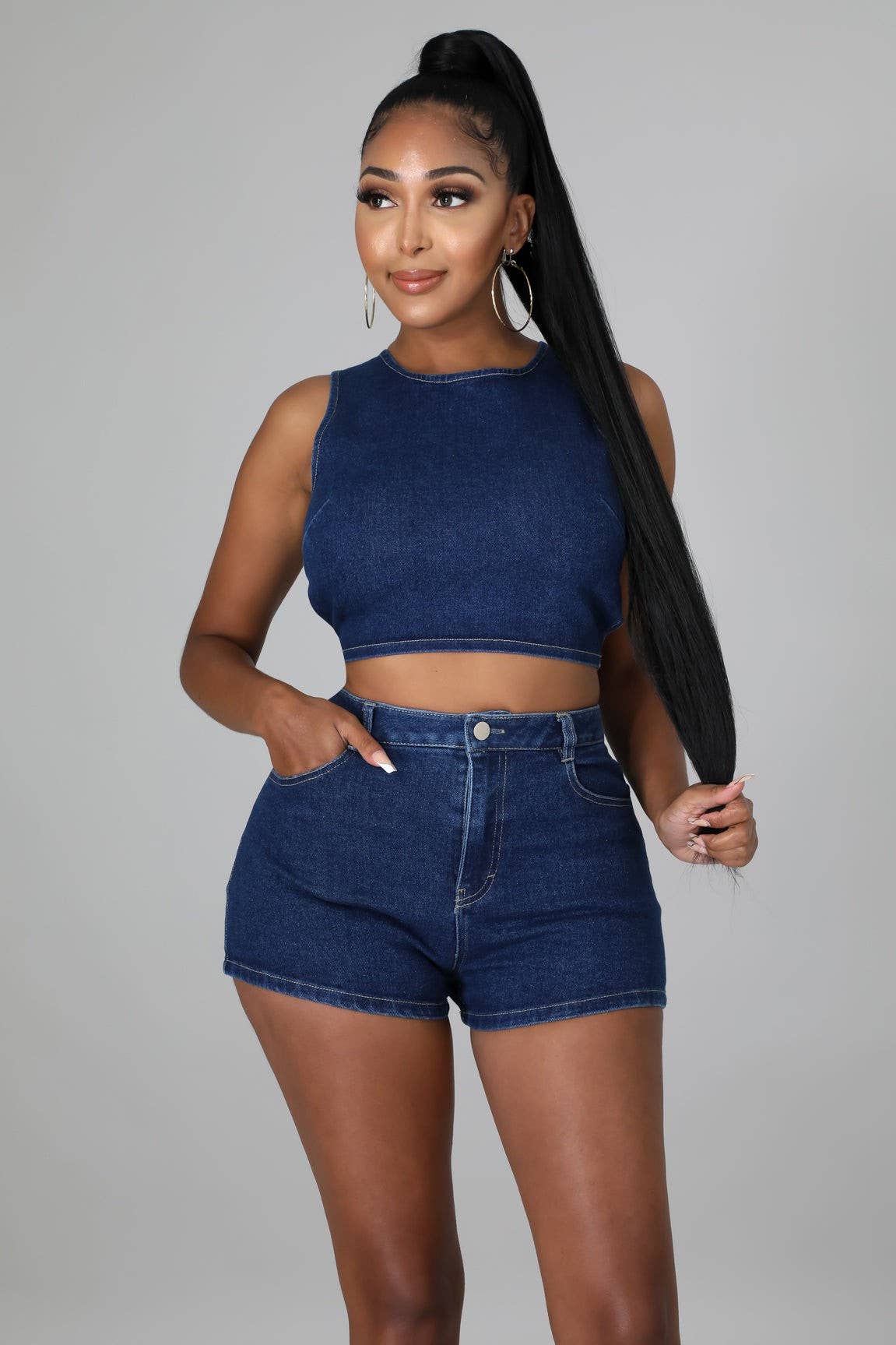 Denim clair Ensemble haut court et short en jean en vente sur Faire14