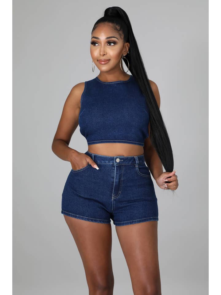 Denim clair Ensemble haut court et short en jean en vente sur Faire14