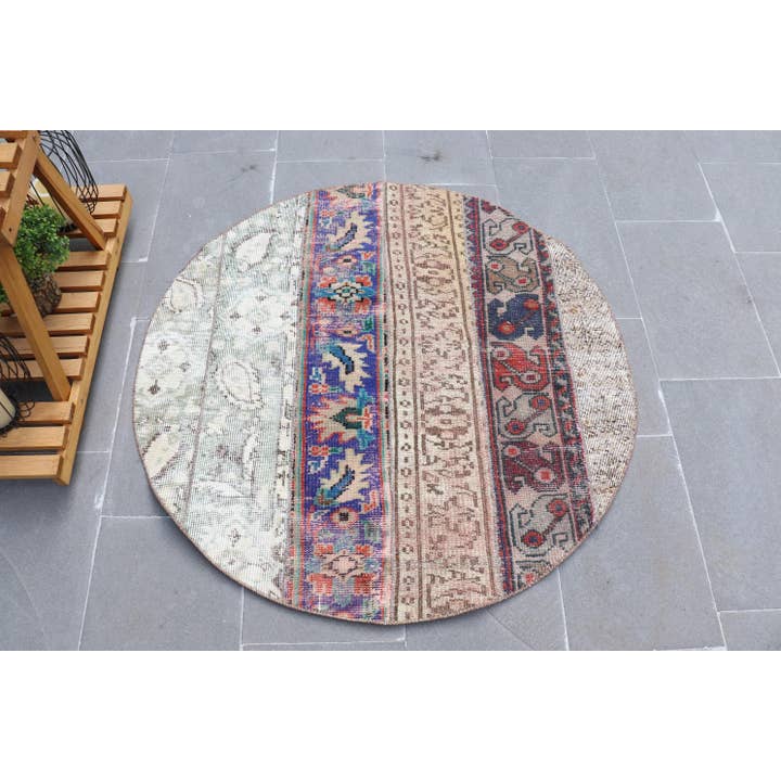 The Loom Wholesale - Wholesale Rug Pad - Vintage 3,6x3,6 ft Rug, Turkish Rug, Blue Geometric with floral elements Wool Rug