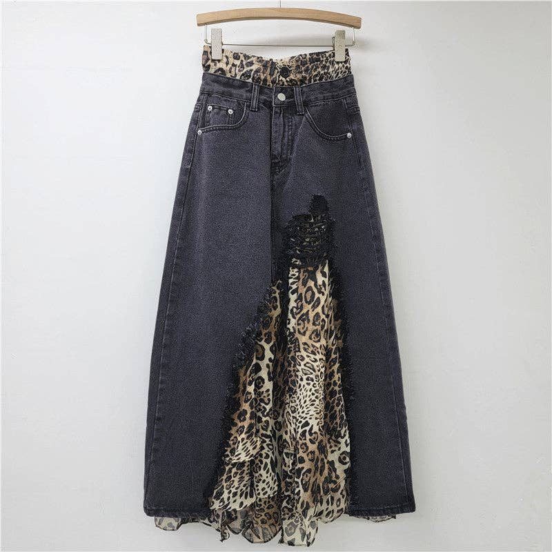 Sanyao Fashion – wholesale Skirt – Women’s – M212 Leopard Patchwork Denim Skirt with Frayed Hem0