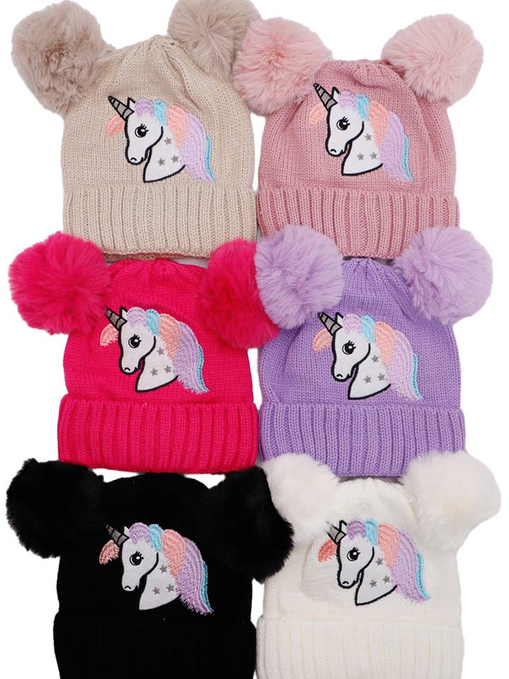 Berretto lavorato a maglia in pile con doppio pompon a forma di unicorno per bambini per la vendita all'ingrosso da parte di Cap Zone
