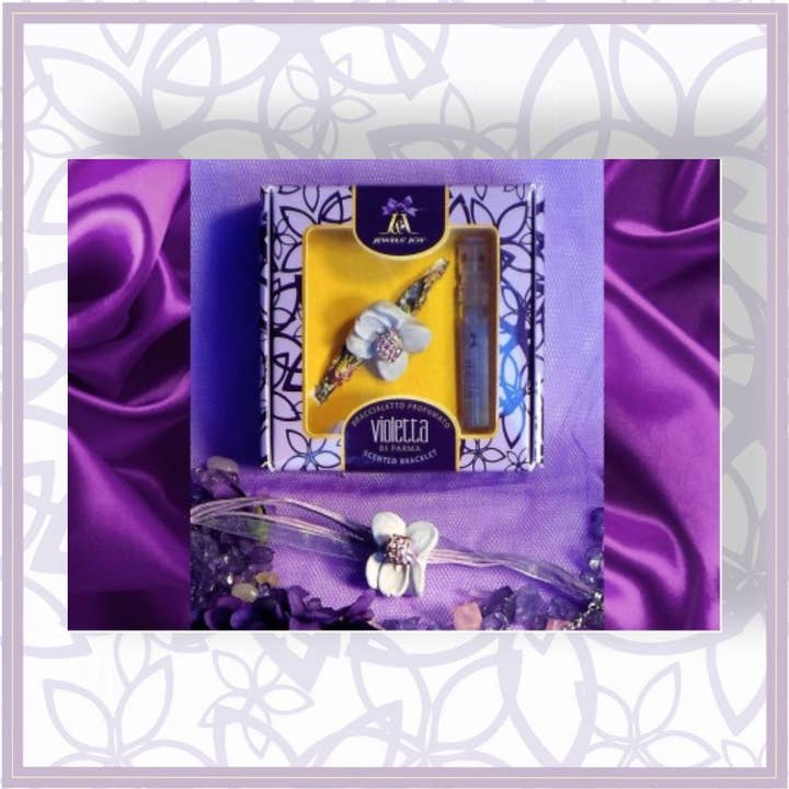 Gift pack Eau de Parfum spray 2 ml e bracciale profumato per la vendita all'ingrosso da parte di Violetta di Parma Jewels' Joy