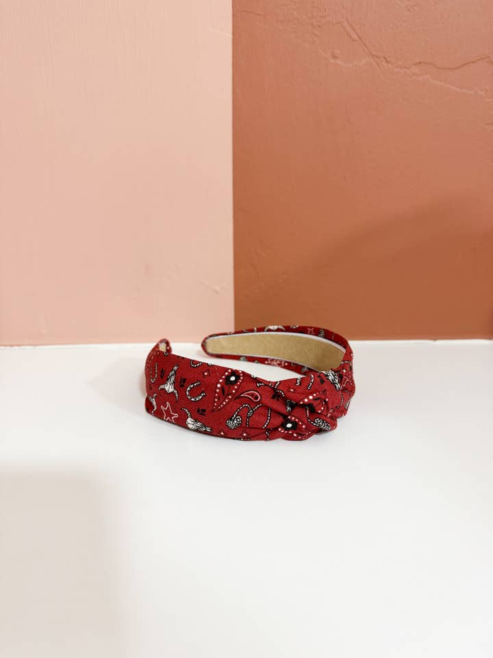 Barn Red Bandana Print Top Knot Headband for wholesale by Little Sunshines Bow & Co