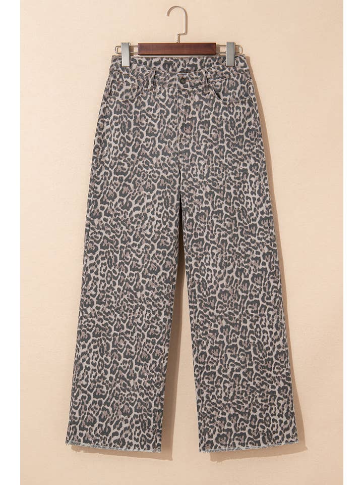 Brown LDC Leopard Frayed Edge Wide Leg High Waist Jeans for wholesale on Faire