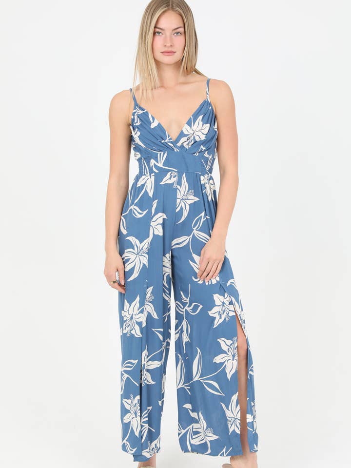 ANGIE - Wholesale Jumpsuit - Women's - B5957-W921 V NECK SLIT LEG JUMPSUIT FLORAL PRINT