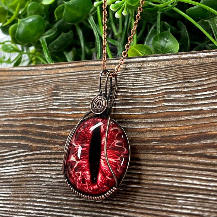 Handmade by Marlayna - Wholesale Pendant/Charm Necklace - Wire Wrapped Red Dragon Eye Glass Cabochon Pendant