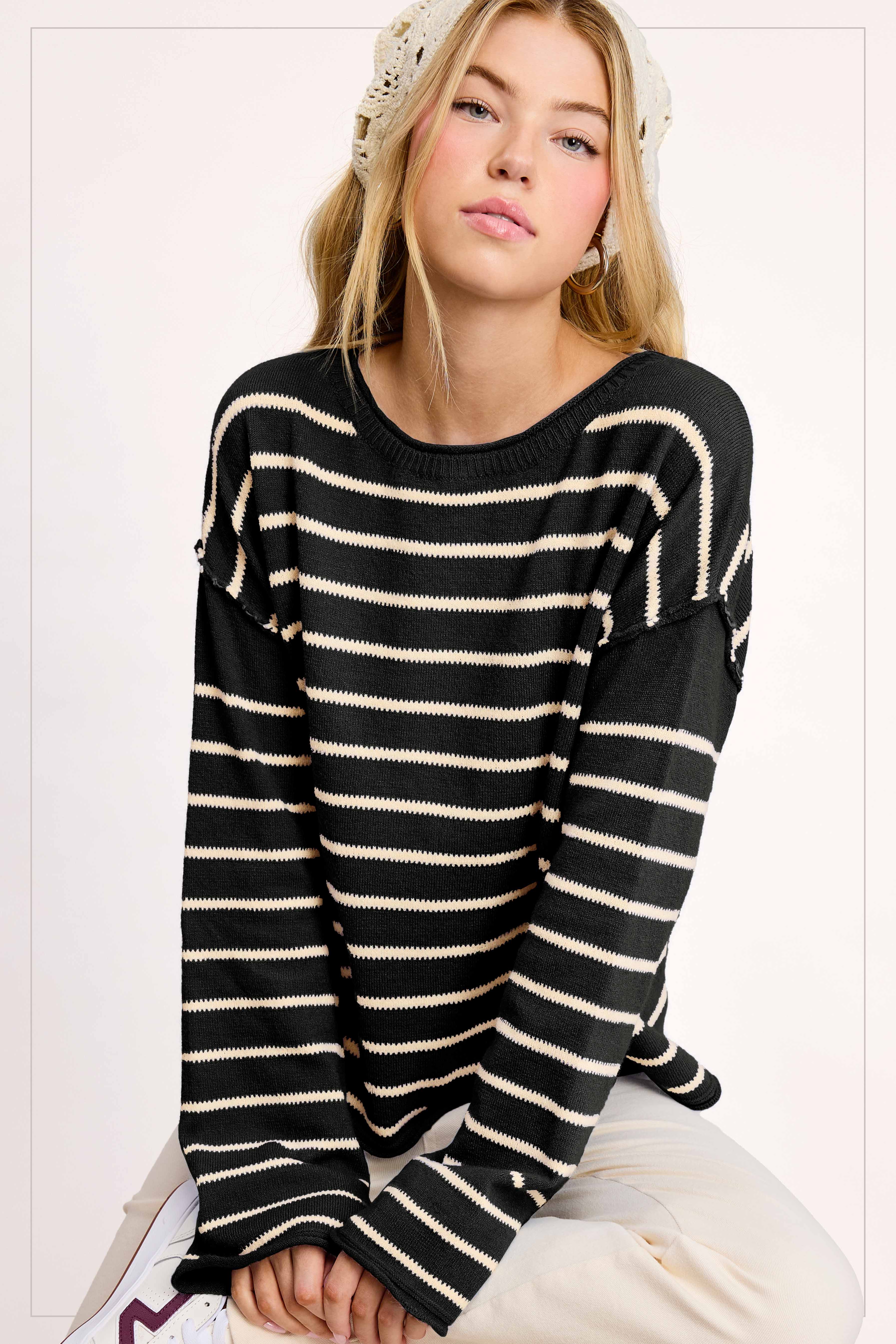 La Miel - Wholesale Knit Sweater - Women's - MCS3588-Striped Round Neck Loose Fit Long Sleeve Sweater23