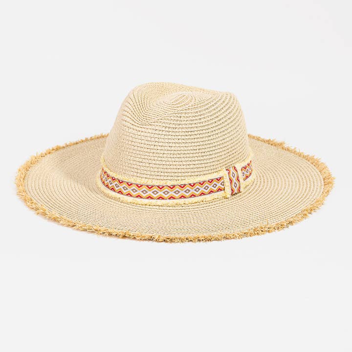 Collections by Fame Accessories - Wholesale Straw Hat - Women's - Boho Tribal Stripe Straw Fringe Hat