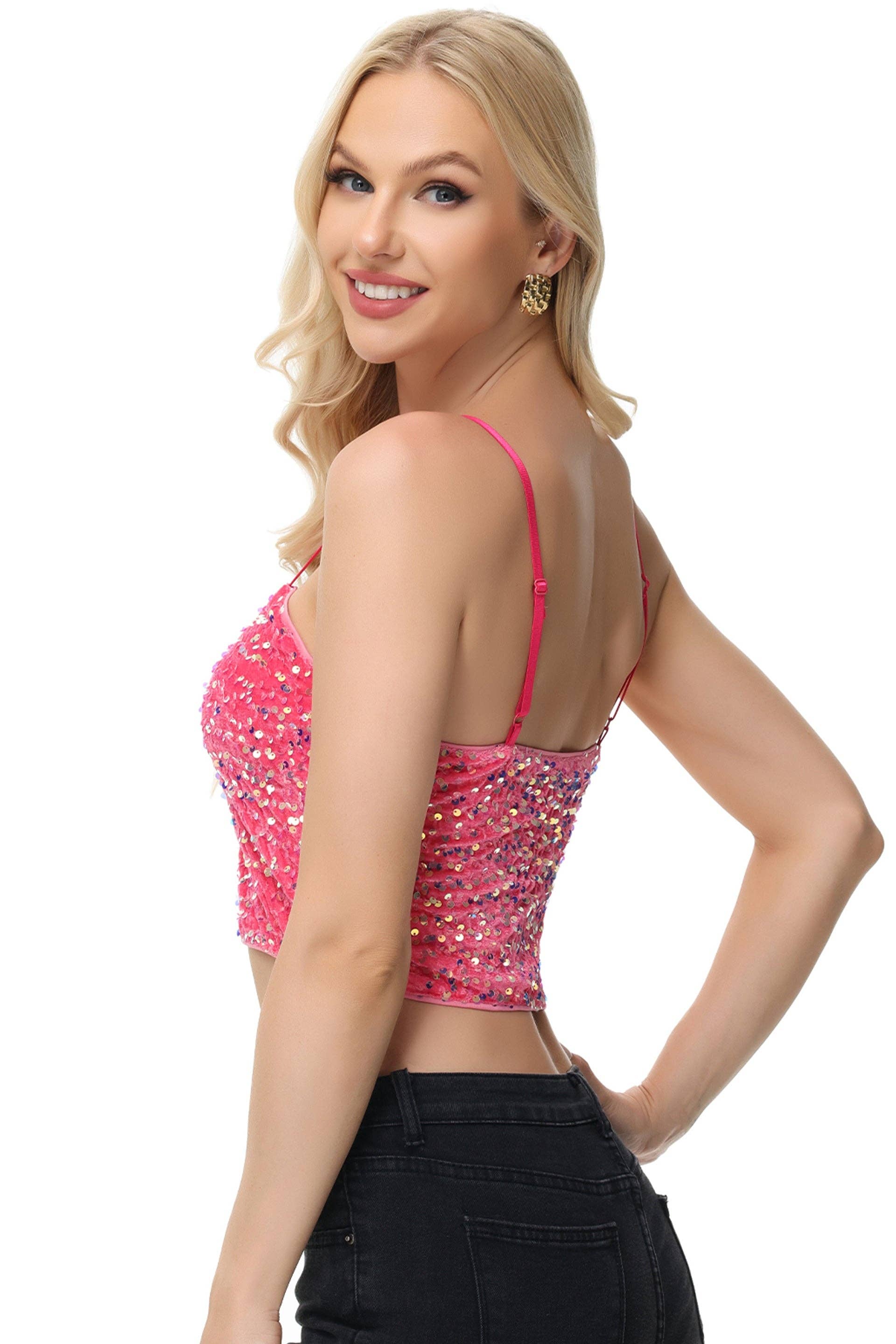 Anna Kaci Wholesale - Wholesale Camisole - Women's - Sparkly Sequin Cami Tops Crop Club Party Glitter Spaghetti44