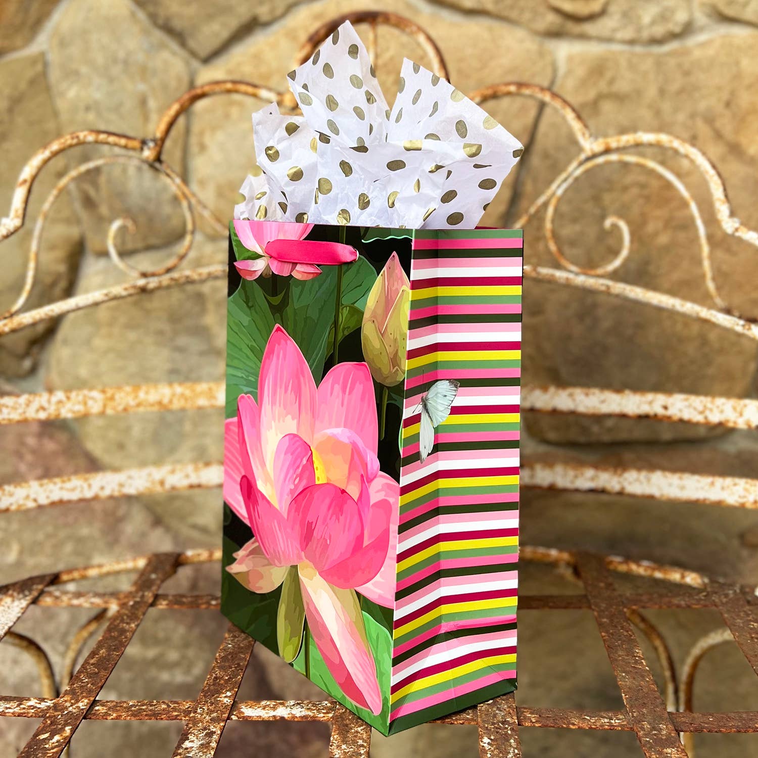 The Red Barn Press - Wholesale Gift Bag - LARGE Floral Gift Bag | Pink Lotus on Deep Green Botanical1