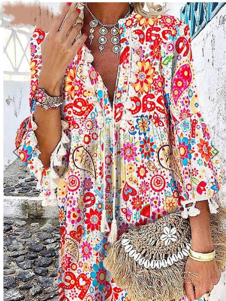 VividLux - Wholesale Dress - Women's - Women Print V Neck Tassel 3/4 Sleeve Shift Dress Bohemian Casual Knee Length Dress