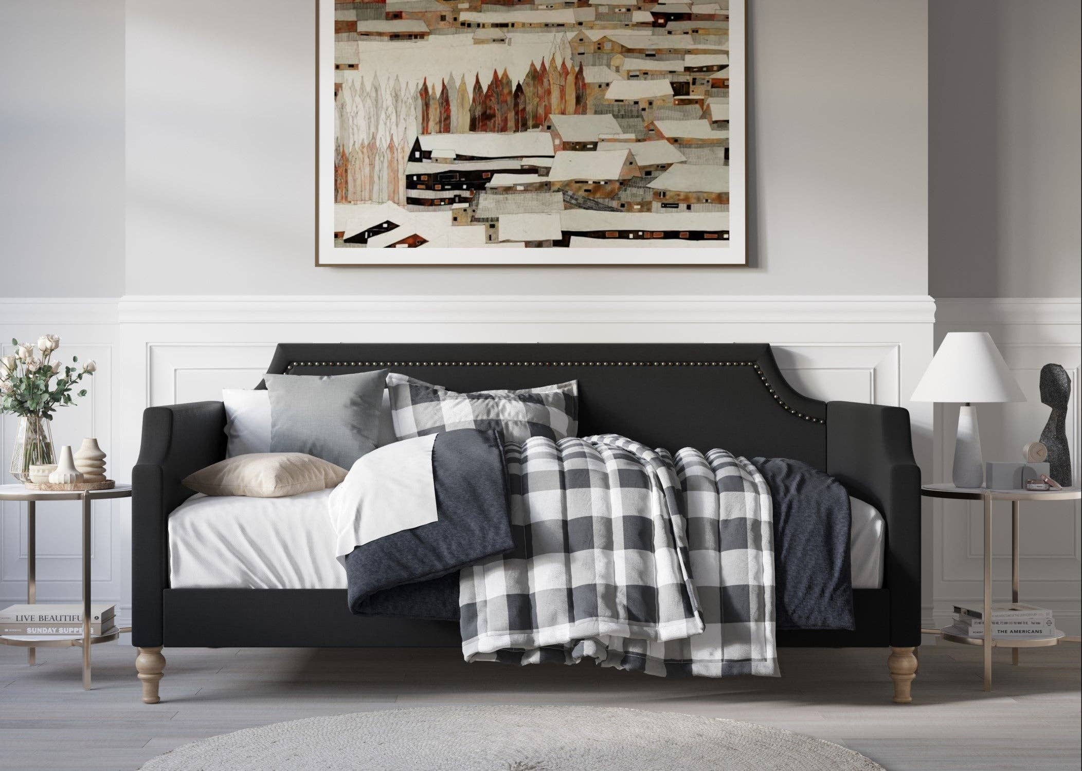 Home Design - Wholesale Day Bed - Pita Upholstered Twin Daybed with Nailhead Trim and Scooped Silhouette, Gray – Adult Living Room, Guest Room, or Bedroom, Easy Assembly10