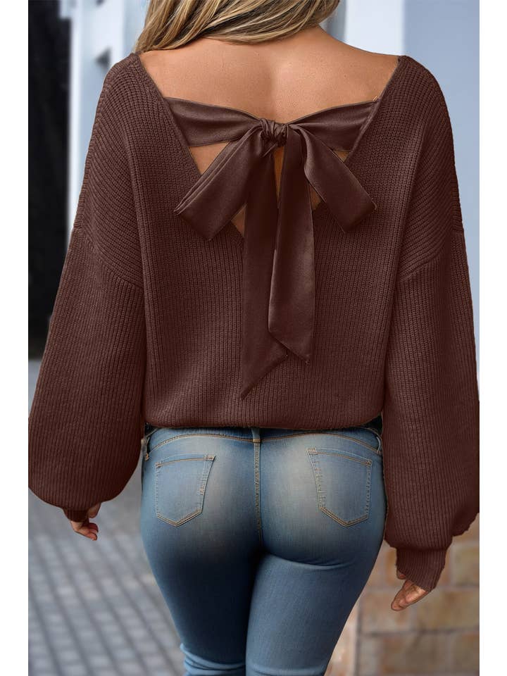Aapparella - Wholesale Knit Sweater - Women's - Grace Knot Back V Neck Puff Sleeve Sweater | S-XL