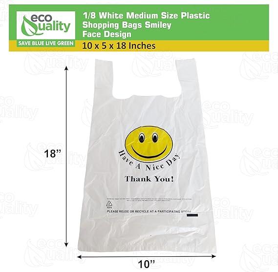 EcoQuality - Wholesale Grocery/Shopping Bag - EcoQuality White Smiley Face Plastic Shopping Bags Medium 10x5x181