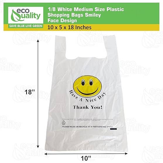 EcoQuality - Wholesale Grocery/Shopping Bag - EcoQuality White Smiley Face Plastic Shopping Bags Medium 10x5x181