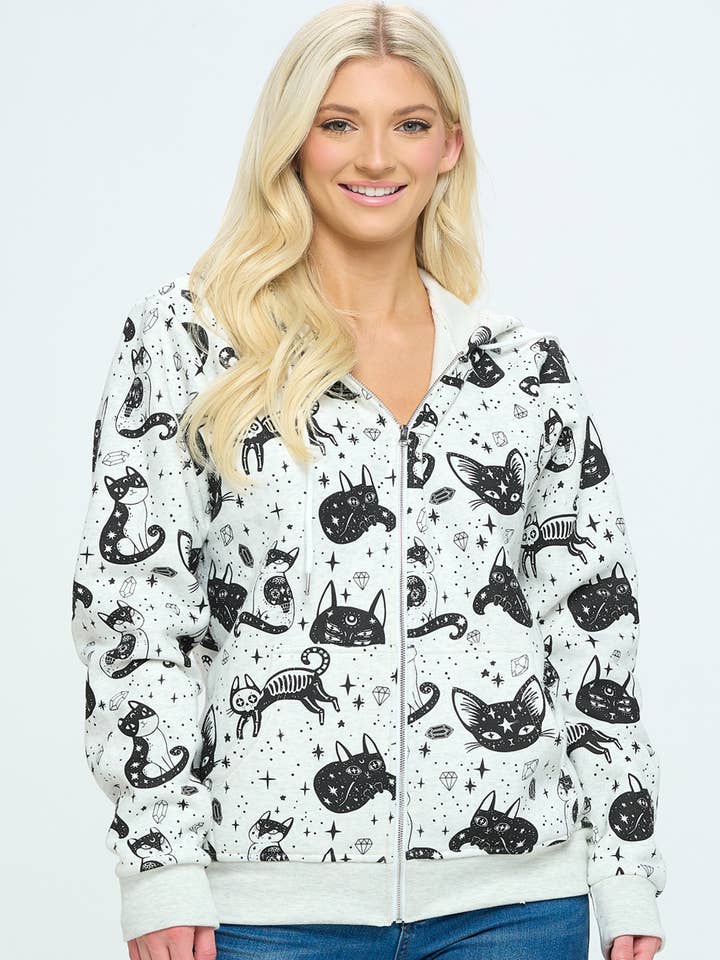LA Soul - Wholesale Hoodie - Women's - Crystal Cat Print Zipper Hoodie