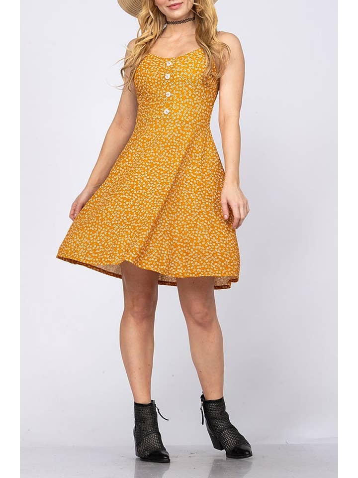 MUSTARD CALICO FLORAL SLEEVELESS MINI DRESS for wholesale on Faire4