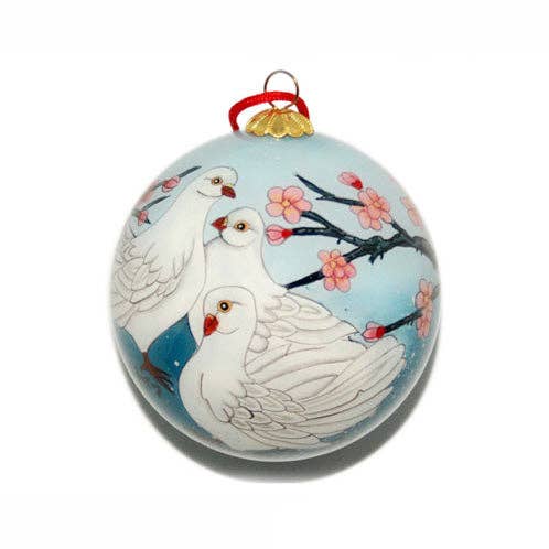 World Treasure Trading - Wholesale Ornament - Hand Painted Glass Ball, Snow Doves. #CO1850