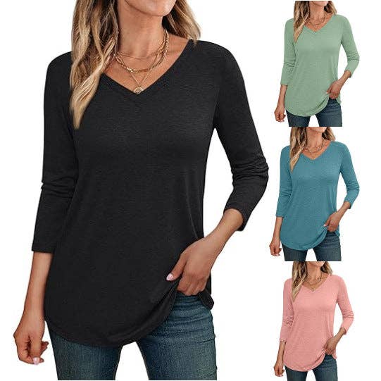 SALINA TRADING INC - Wholesale Tunic - Women's - Women Casual Solid Color V-Neck Long Sleeve Blank T-Shirt6