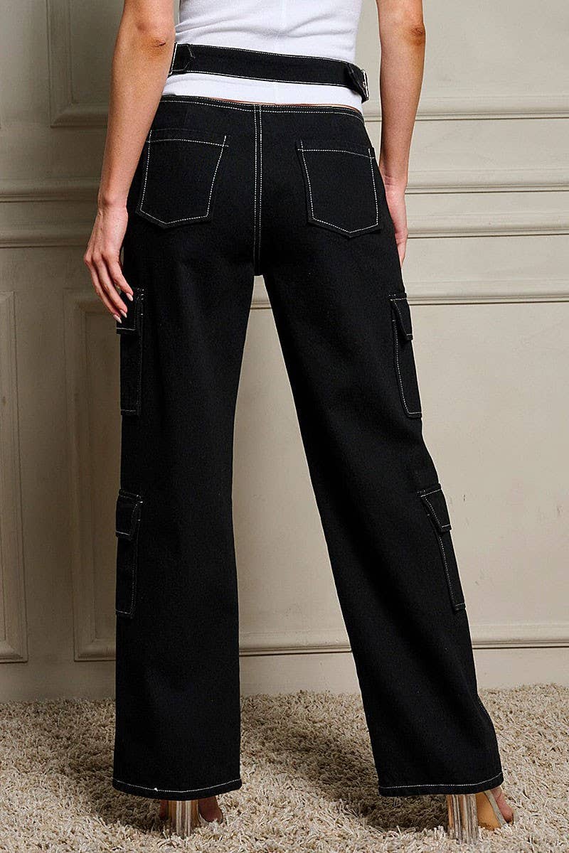 Black BUTTON CLOSURE CARGO POCKETS DENIM PANTS for wholesale on Faire2